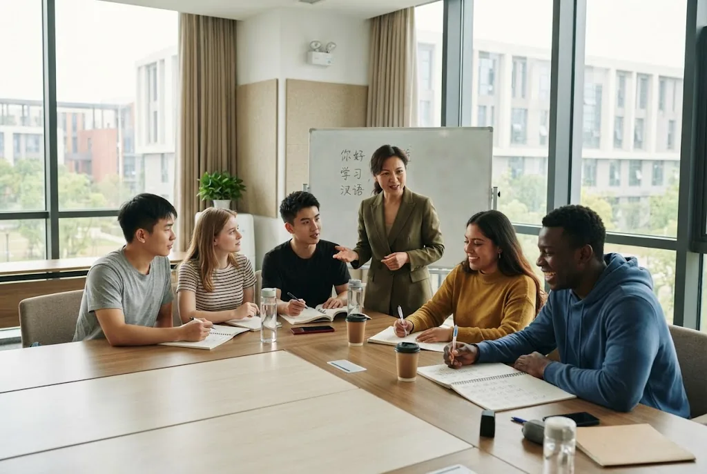 International students learning Mandarin with an instructor at a Chinese university