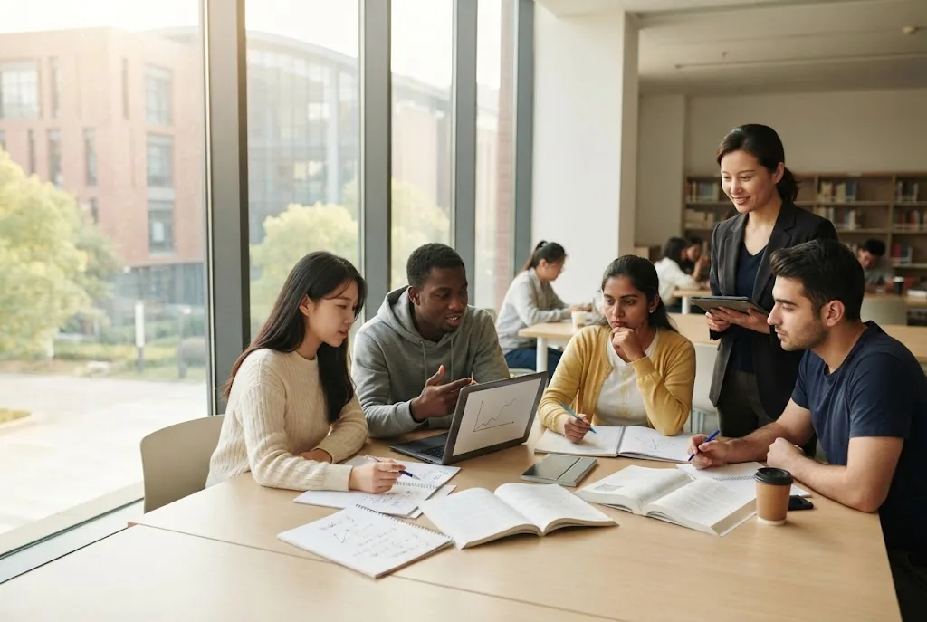 International students preparing academic work with a teacher in a university library