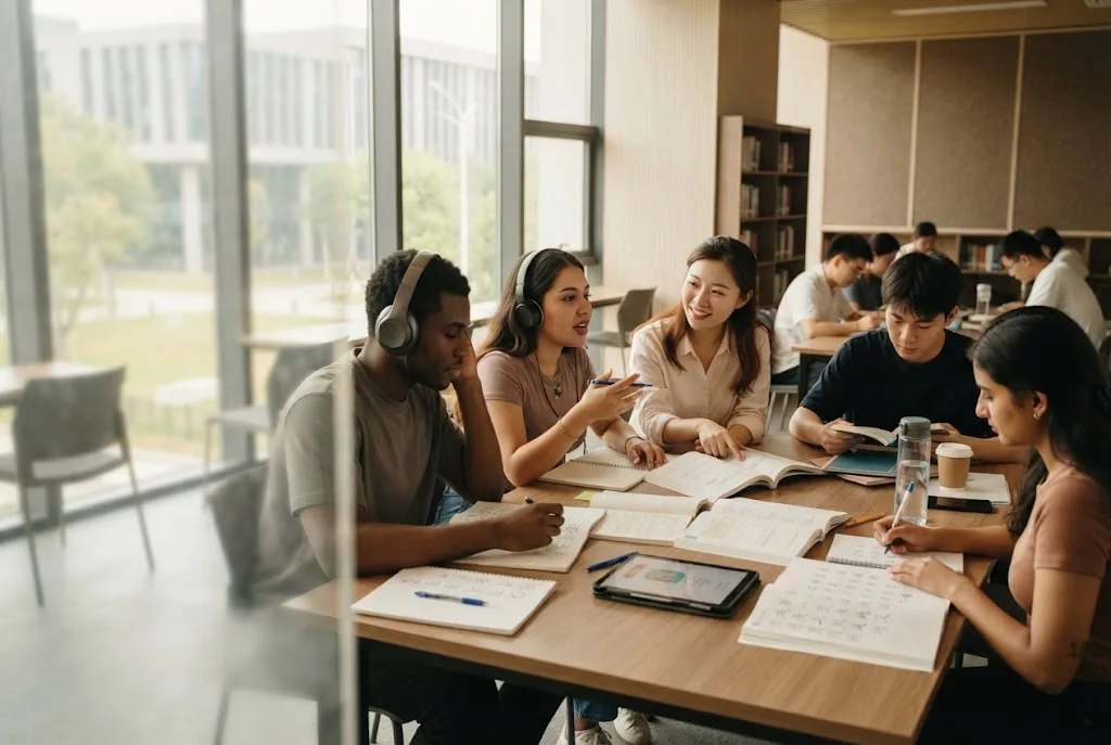 International students practicing Chinese together in a university learning space