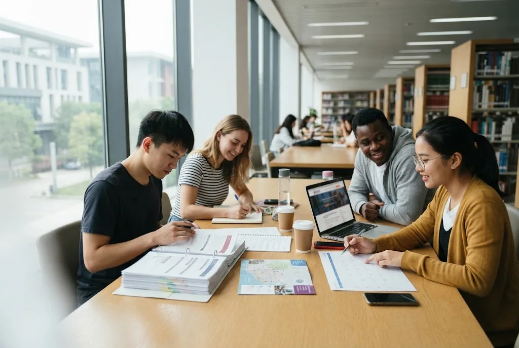 International students planning their study in China with application resources in a university library