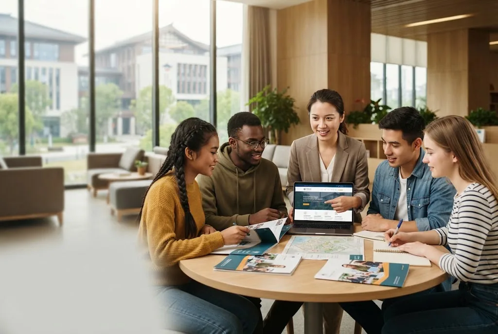 International students reviewing scholarship application materials with a university adviser