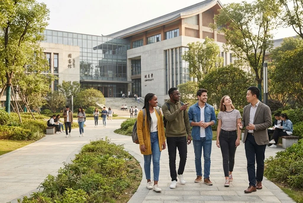International students walking together through a modern Chinese university campus