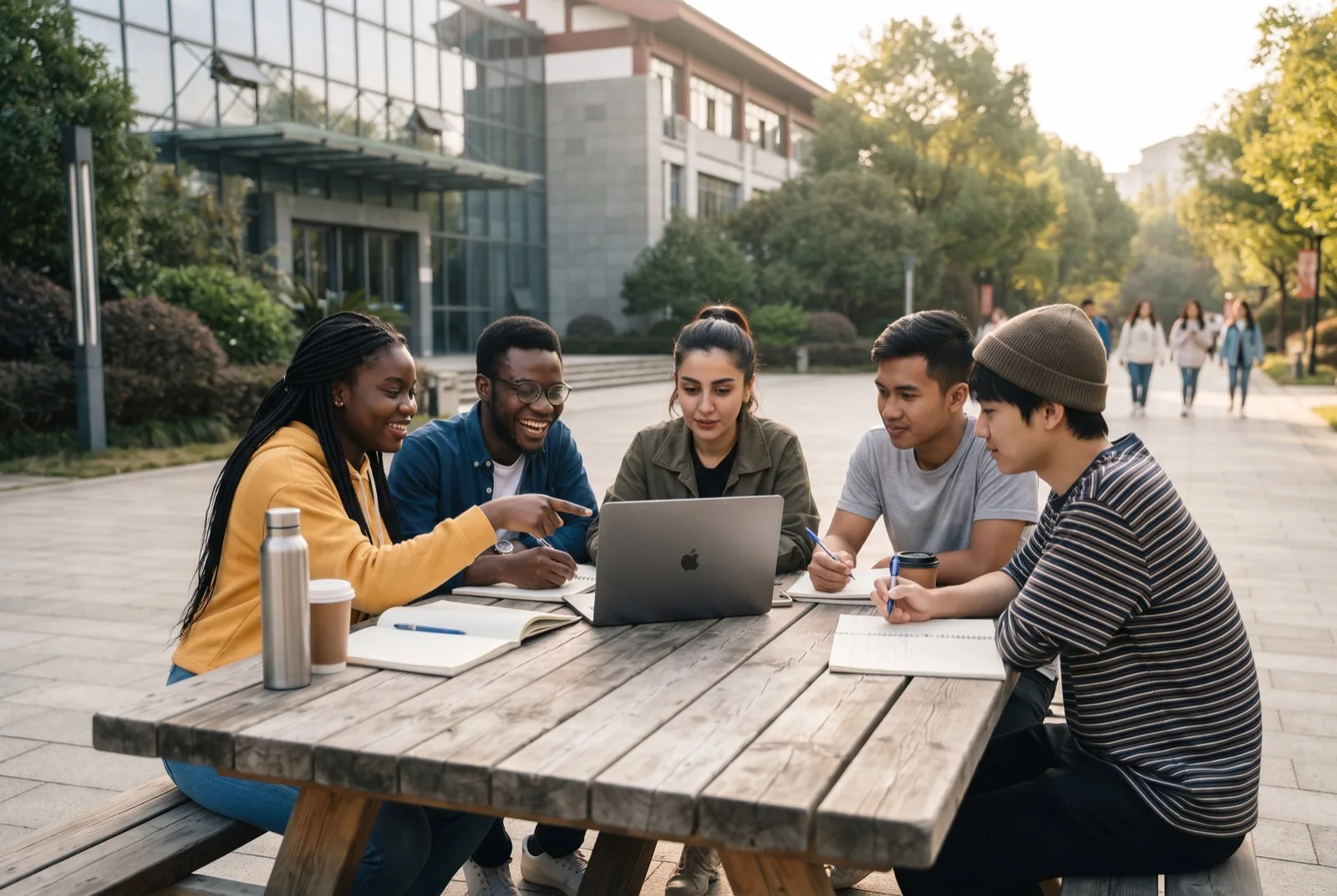 International students studying together at an outdoor university table